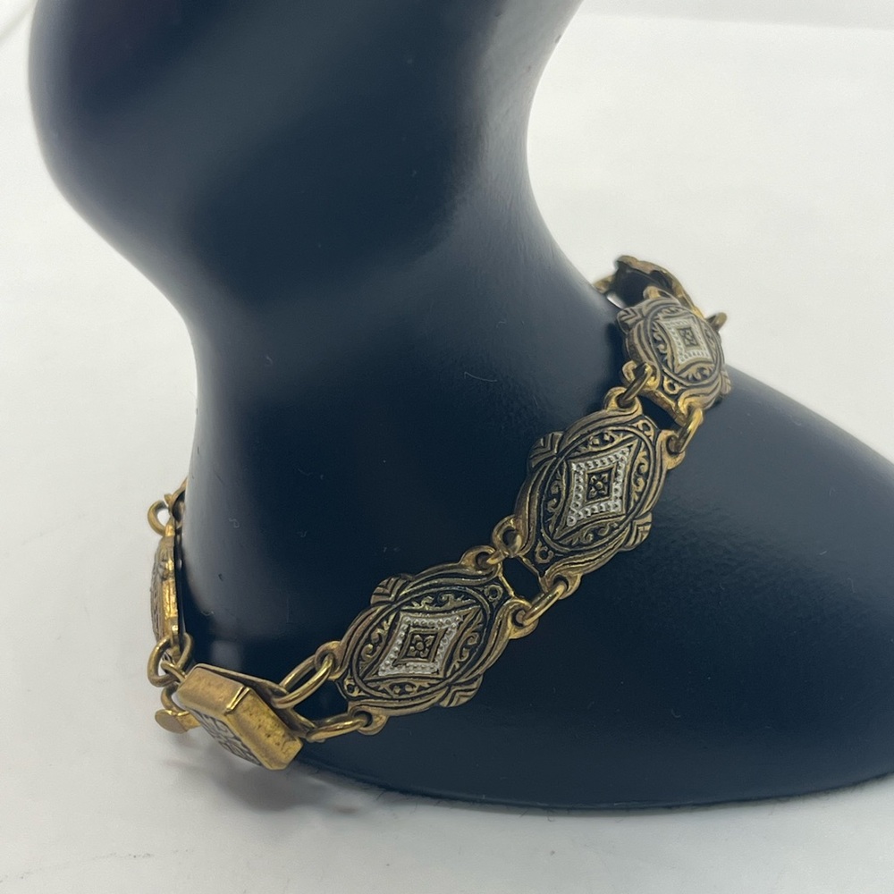 Toledo Spain gold tone black & white enameled design bracelet vintage - Picture 4 of 16